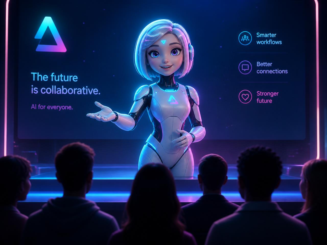 3D AI presenter on stage interacting with a live audience